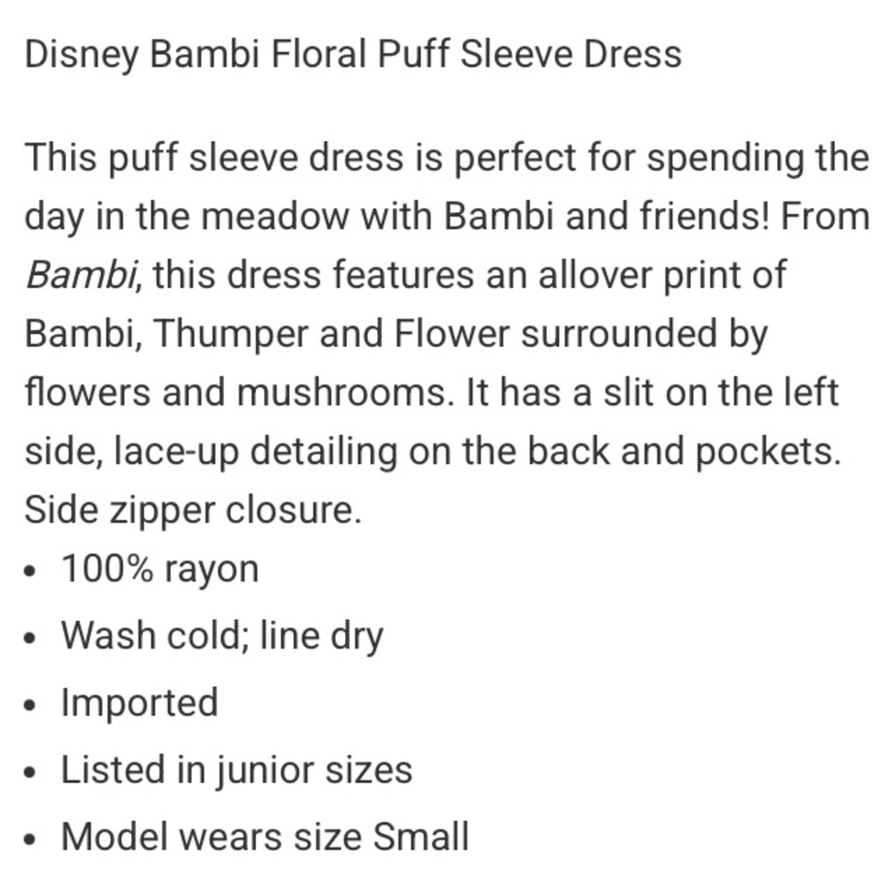 DISNEY BAMBI Floral PUFF SLEEVE MIDI DRESS! Thumper Flower Lace Up Mushrooms NWT - Picture 7 of 7